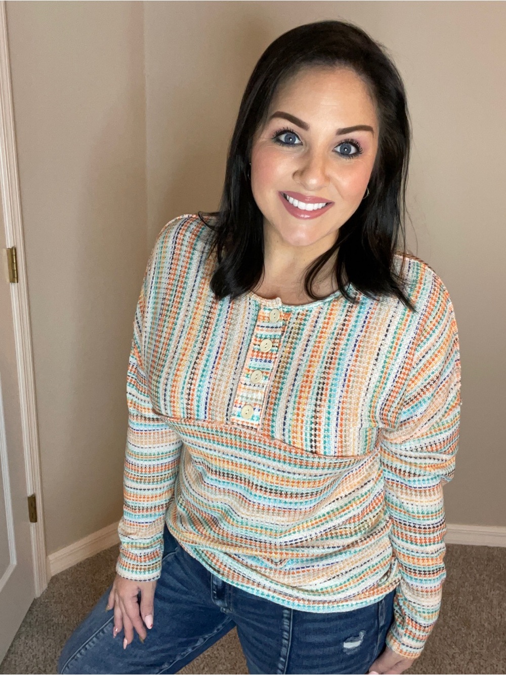 Plus Size XXXL Striped Knit Henley Top in Multicolor